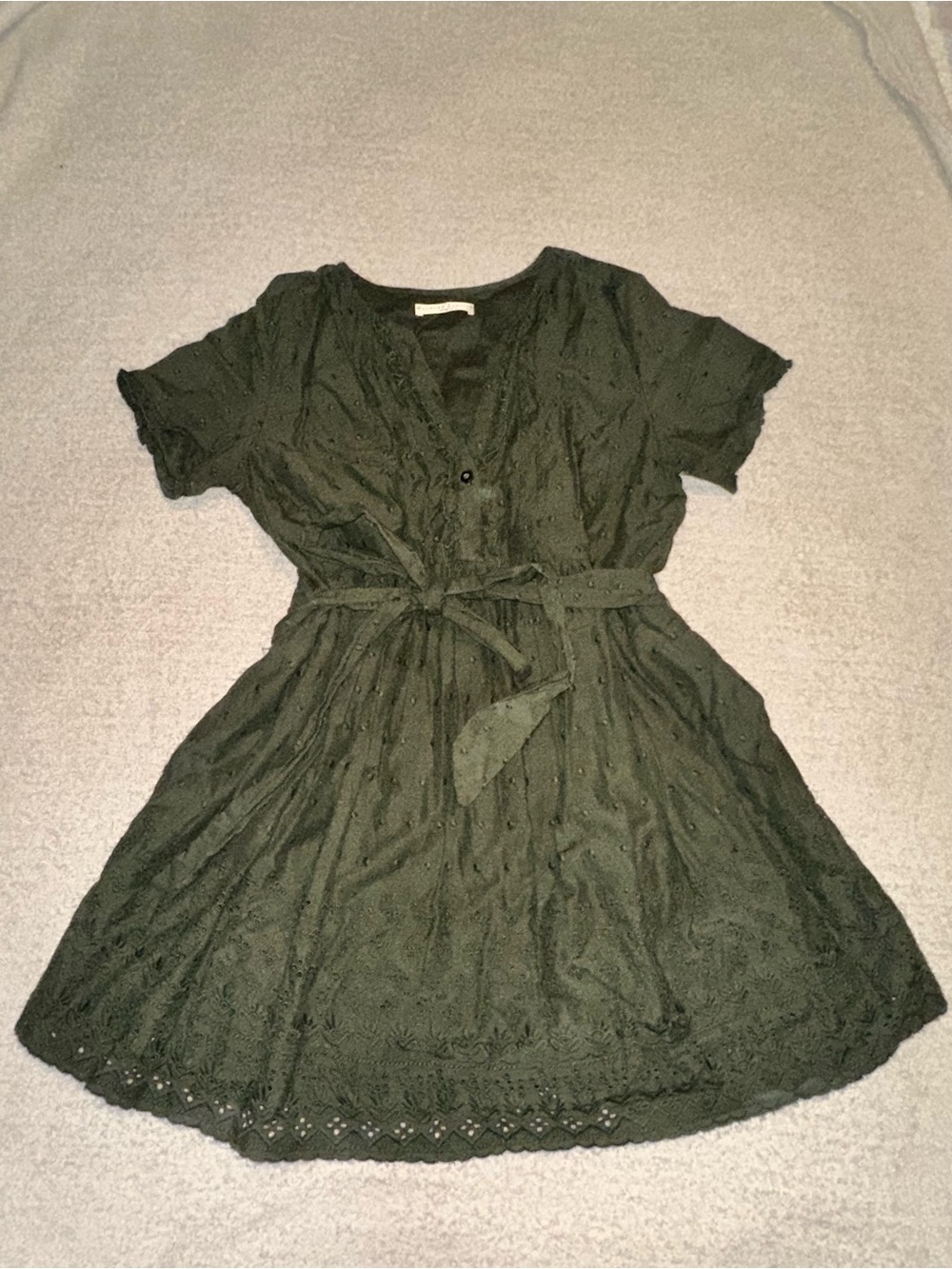 Eyelet Tie-Waist Mini Dress — Dark Green